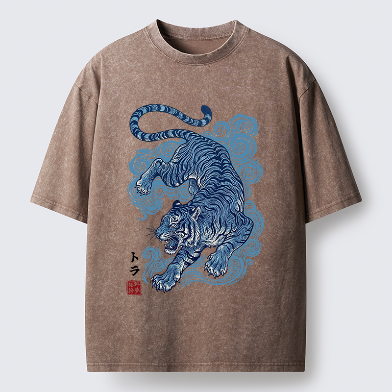 Tokyo-Tiger Japanese Blue Tiger Wave Art Washed T-Shirt