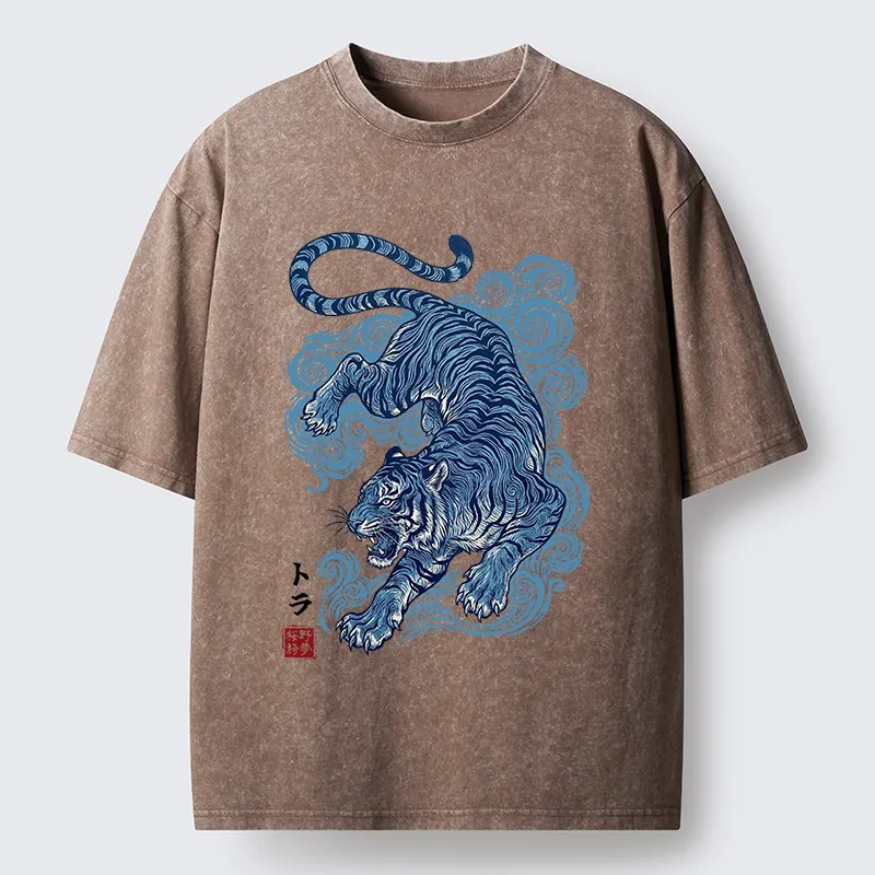 Tokyo-Tiger Japanese Blue Tiger Wave Art Washed T-Shirt
