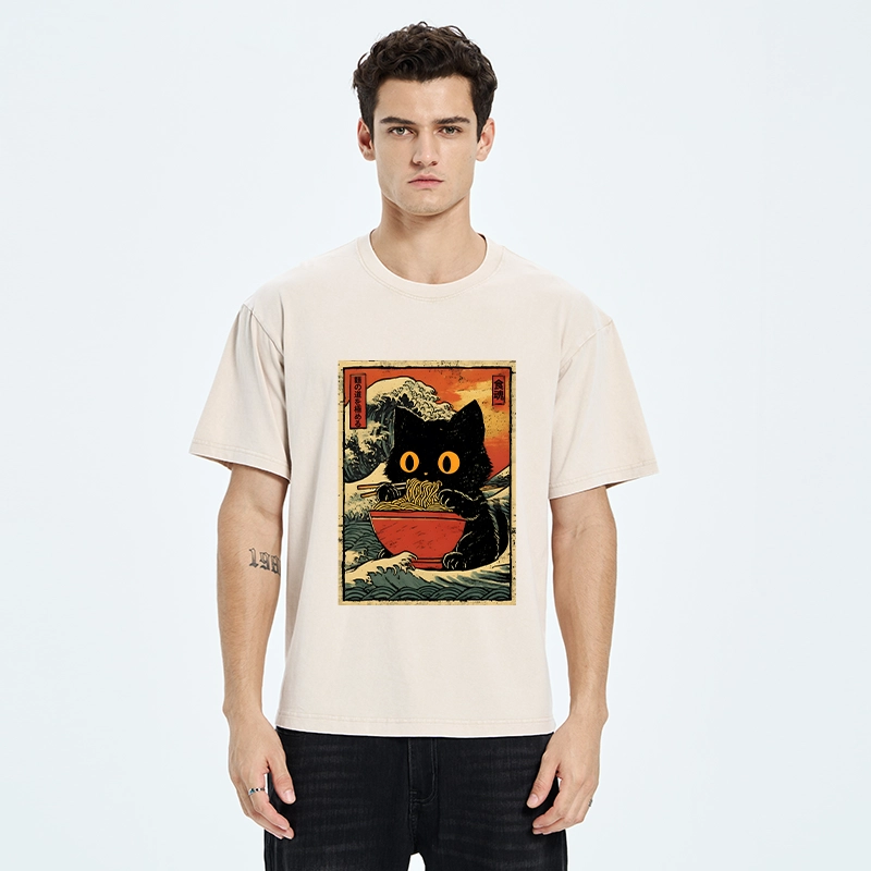 Tokyo-Tiger Cool Wave Art Cat Loves Ramen Bowl Washed T-Shirt