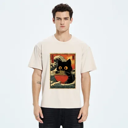 Tokyo-Tiger Cool Wave Art Cat Loves Ramen Bowl Washed T-Shirt