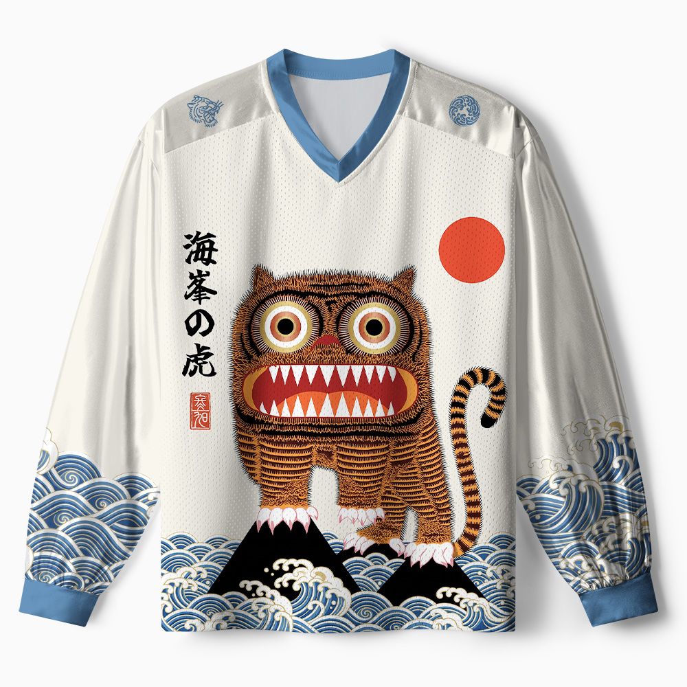 Tokyo-Tiger Folk Art Tiger Standing On Waves Paneled Long Sleeve Jersey