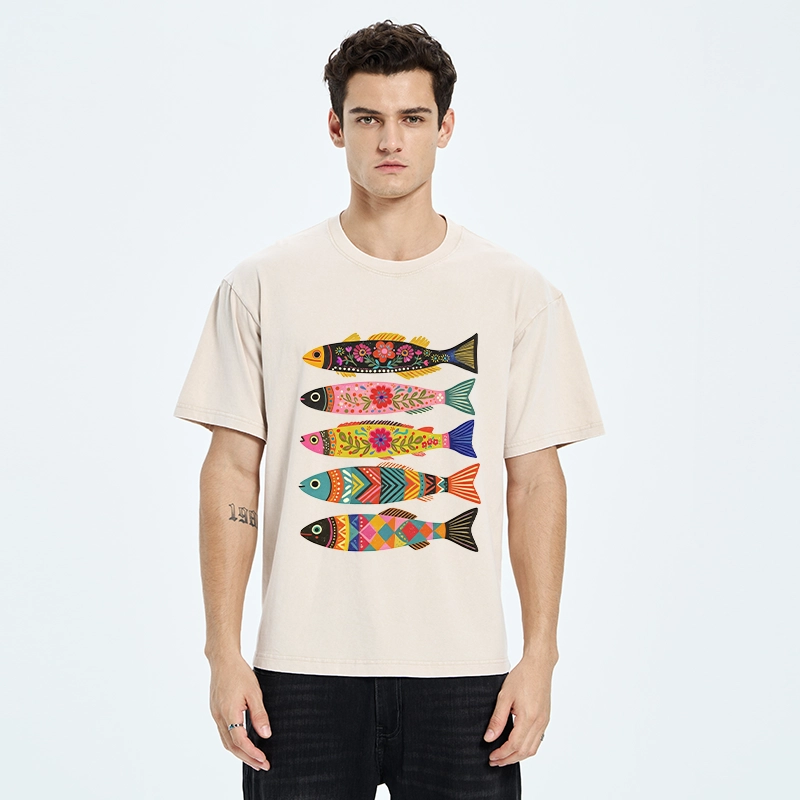 Tokyo-Tiger Colorful Patterned Fish Washed T-Shirt