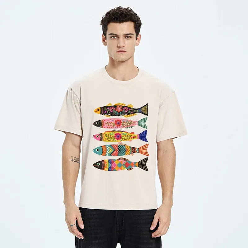 Tokyo-Tiger Colorful Patterned Fish Washed T-Shirt