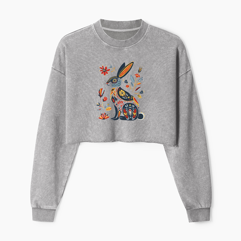 Tokyo-Tiger Folk Hare Bloom Washed Crop Sweatshirt