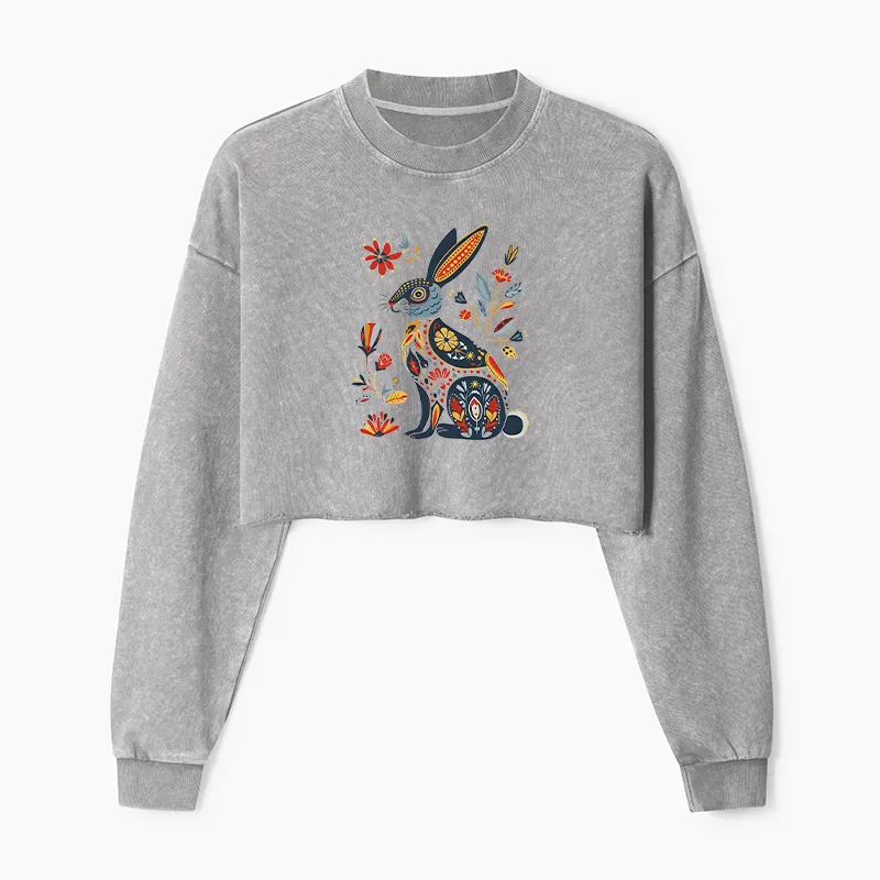 Tokyo-Tiger Folk Hare Bloom Washed Crop Sweatshirt