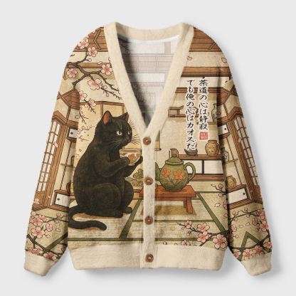Tokyo-Tiger Tea Time With A Black Cat Ugly Cardigan Sweater