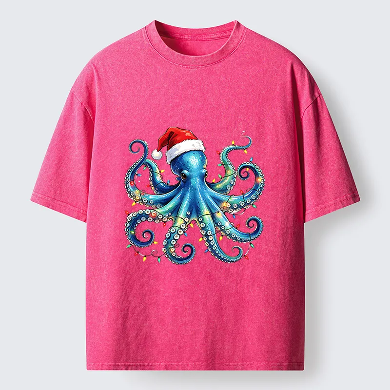 Tokyo‑Tiger Christmas Octopus Lights Washed T‑Shirt