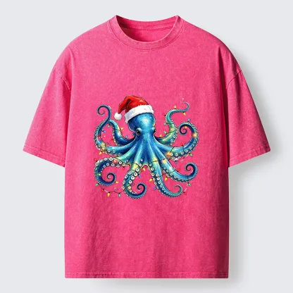 Tokyo‑Tiger Christmas Octopus Lights Washed T‑Shirt