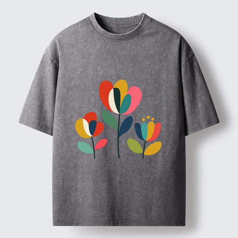Tokyo-Tiger Modern Color Floral Art Washed T-Shirt