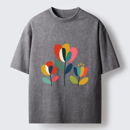Tokyo-Tiger Modern Color Floral Art Washed T-Shirt