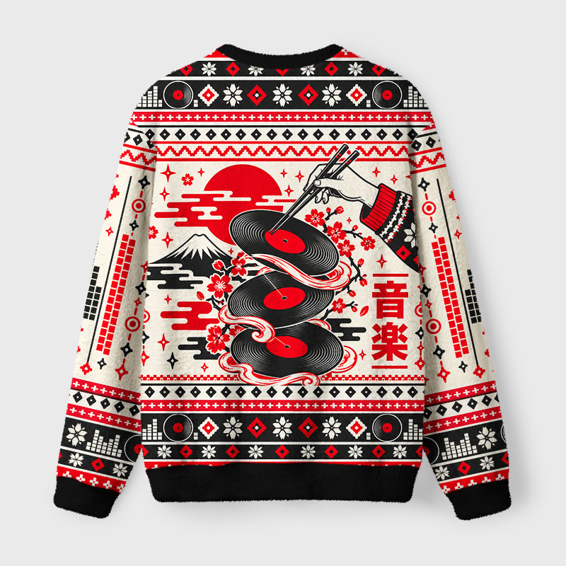 Tokyo-Tiger Traditional Japanese Records Fuzzy Christmas Ugly Sweatshirt