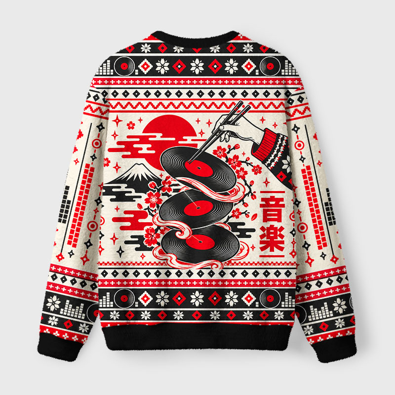 Tokyo-Tiger Traditional Japanese Records Fuzzy Christmas Ugly Sweatshirt