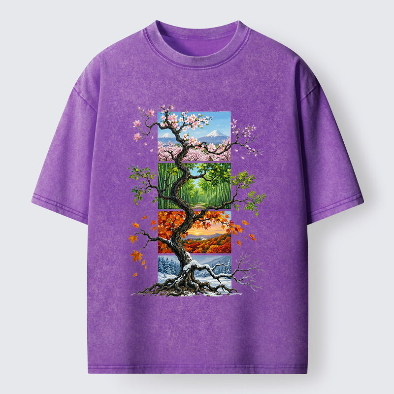 Tokyo-Tiger Nature Four Seasons Tree Art Washed T-Shirt