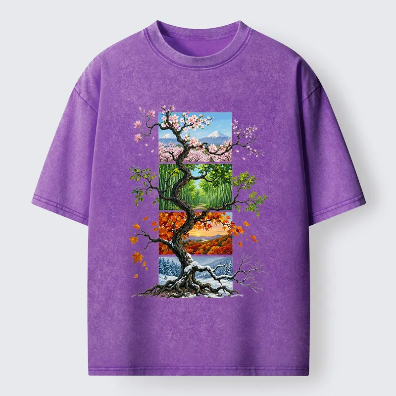 Tokyo-Tiger Nature Four Seasons Tree Art Washed T-Shirt