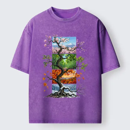 Tokyo-Tiger Nature Four Seasons Tree Art Washed T-Shirt