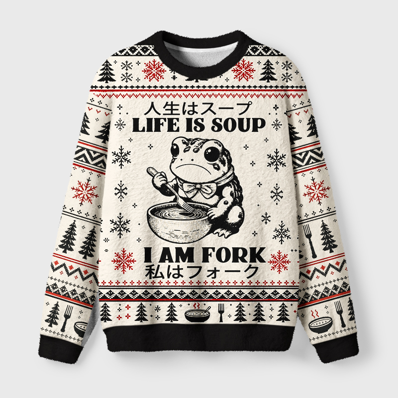 Tokyo-Tiger Confused Frog In Life’s Soup Fuzzy Christmas Ugly Sweatshirt