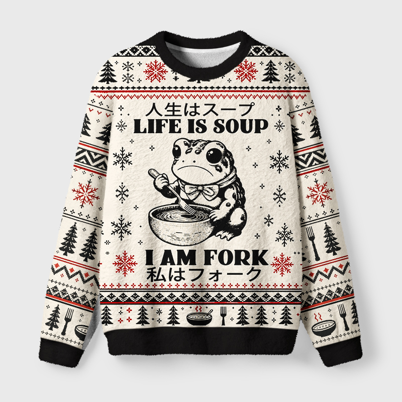 Tokyo-Tiger Confused Frog In Life’s Soup Fuzzy Christmas Ugly Sweatshirt