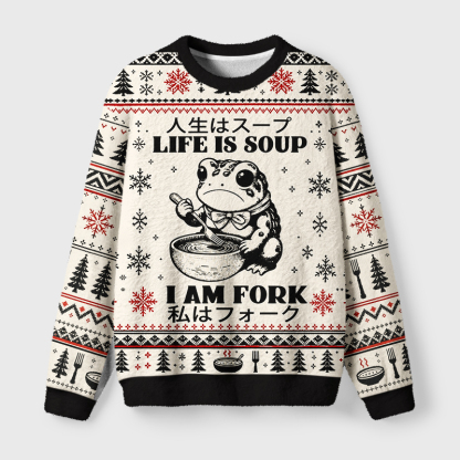 Tokyo-Tiger Confused Frog In Life’s Soup Fuzzy Christmas Ugly Sweatshirt