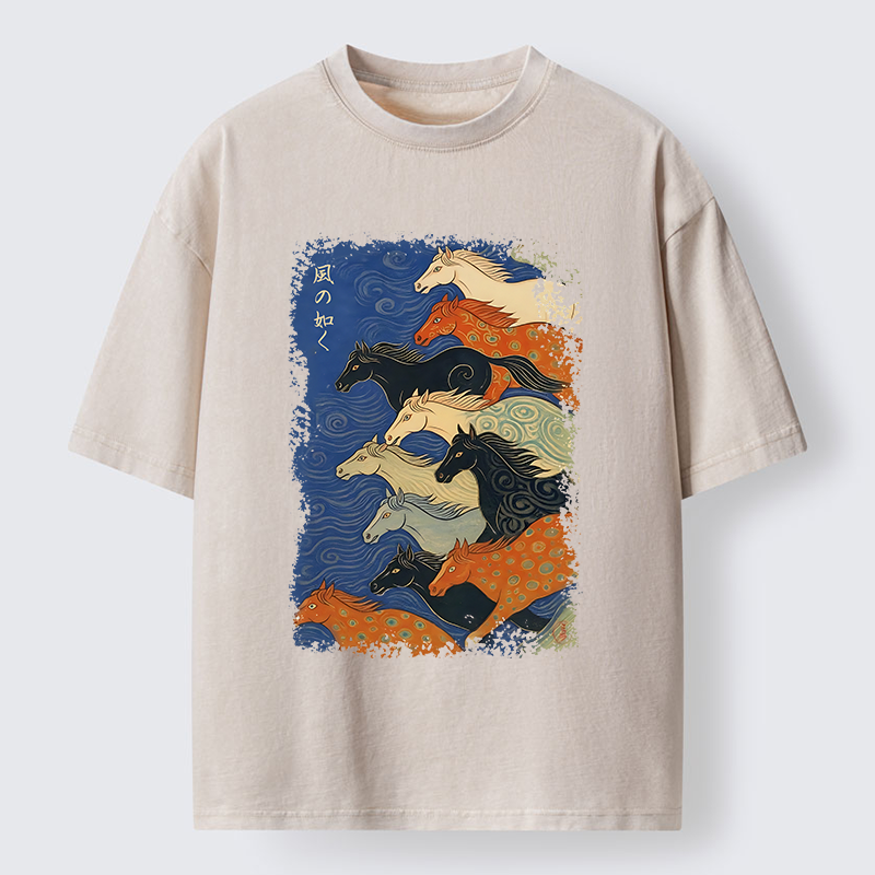 Tokyo-Tiger Vintage Japanese Running Horses Art Washed T-Shirt
