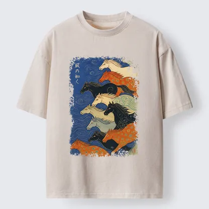 Tokyo-Tiger Vintage Japanese Running Horses Art Washed T-Shirt