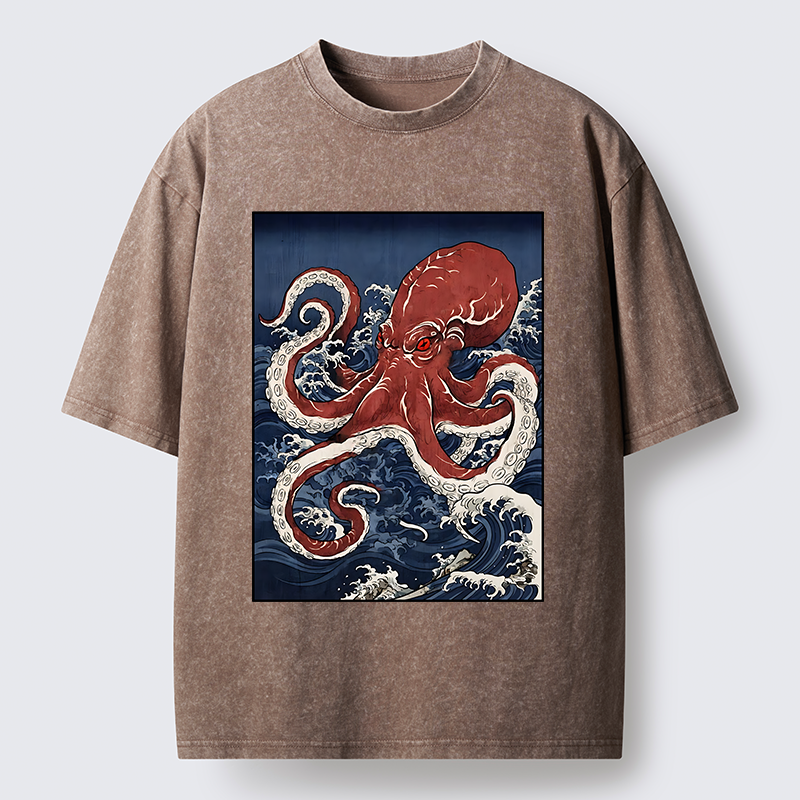 Tokyo-Tiger Japanese Octopus Wave Washed T-Shirt