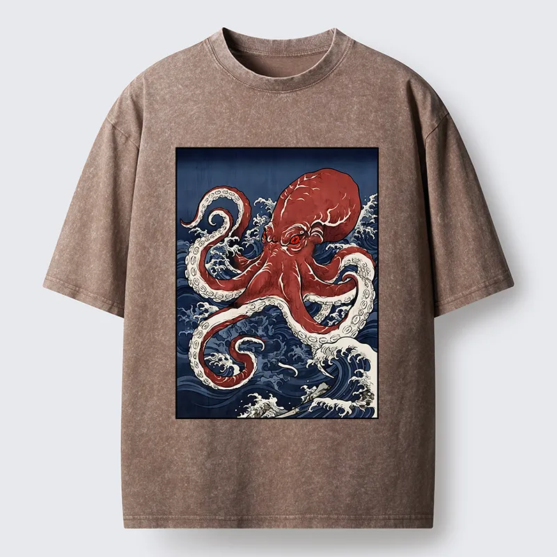 Tokyo‑Tiger Japanese Octopus Wave Washed T‑Shirt Sale