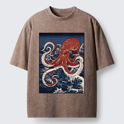 Tokyo-Tiger Japanese Octopus Wave Washed T-Shirt