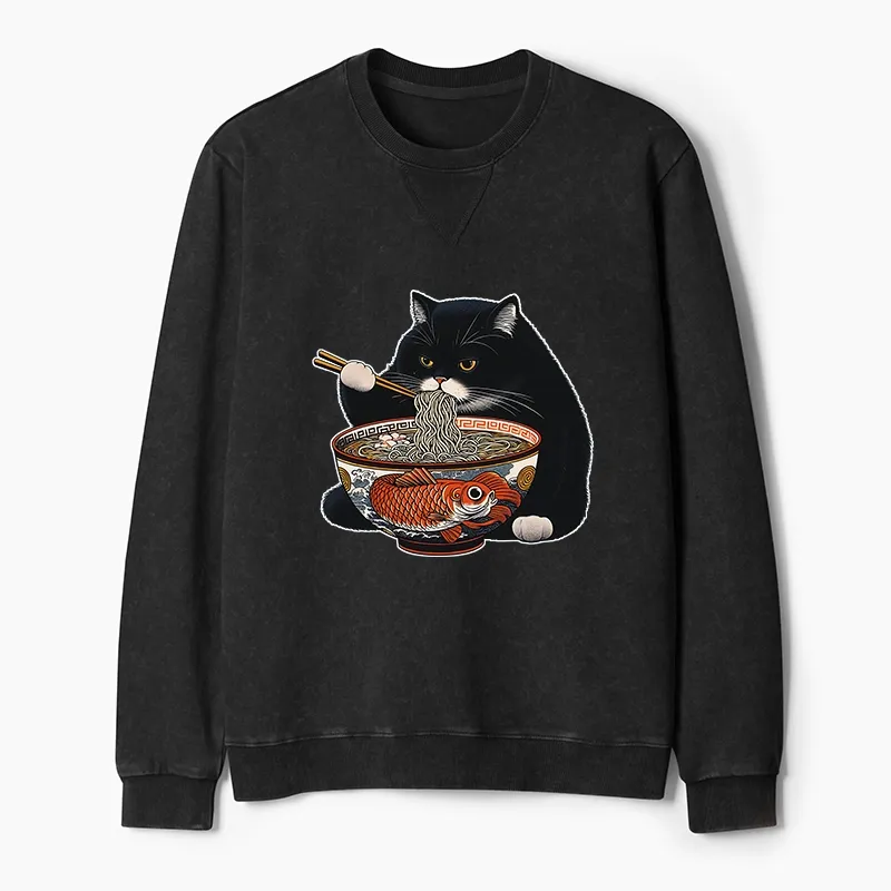 Tokyo-Tiger Fat Cat Eating Ramen Washed Terry Sweatshirt