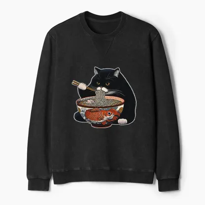Tokyo-Tiger Fat Cat Eating Ramen Washed Terry Sweatshirt