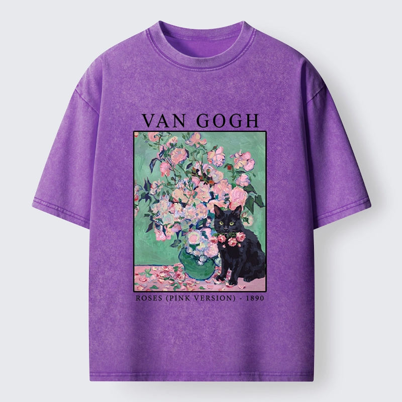 Tokyo‑Tiger Art Cat With Roses Washed T‑Shirt