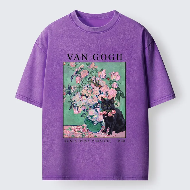 Tokyo‑Tiger Art Cat With Roses Washed T‑Shirt