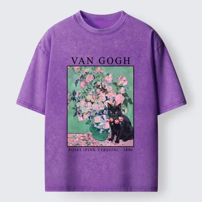 Tokyo‑Tiger Art Cat With Roses Washed T‑Shirt