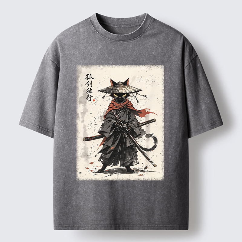 Tokyo-Tiger Lone Samurai Cat Ink Art Washed T-Shirt