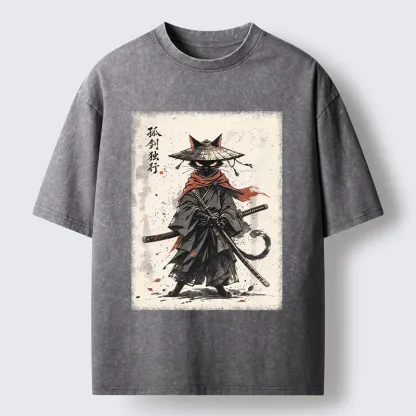 Tokyo-Tiger Lone Samurai Cat Ink Art Washed T-Shirt