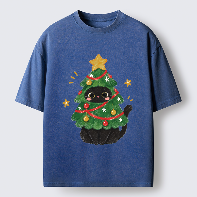 Tokyo-Tiger Christmas Tree Black Cat Washed T-Shirt