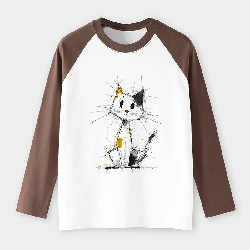 Tokyo-Tiger Minimal Splash Ink Cute Cat Raglan Long Sleeve T-shirt