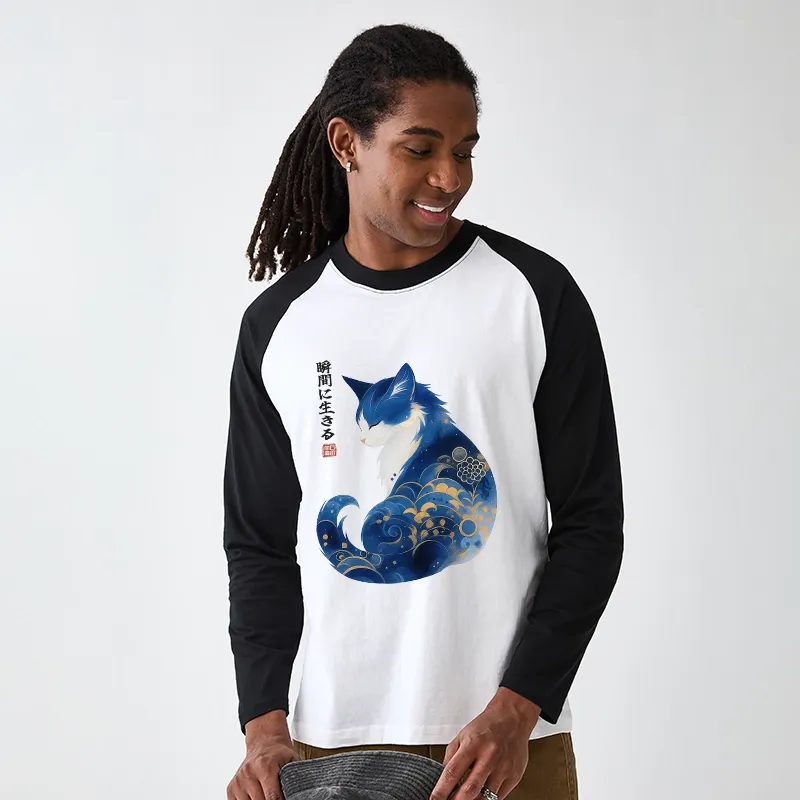 Tokyo-Tiger Retro Zen Cat: Living the Present Raglan Long Sleeve T-shirt