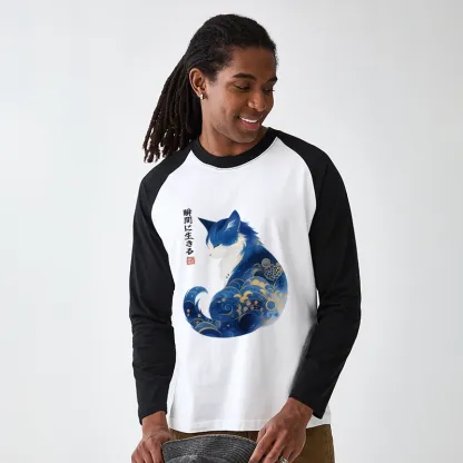 Tokyo-Tiger Retro Zen Cat: Living the Present Raglan Long Sleeve T-shirt