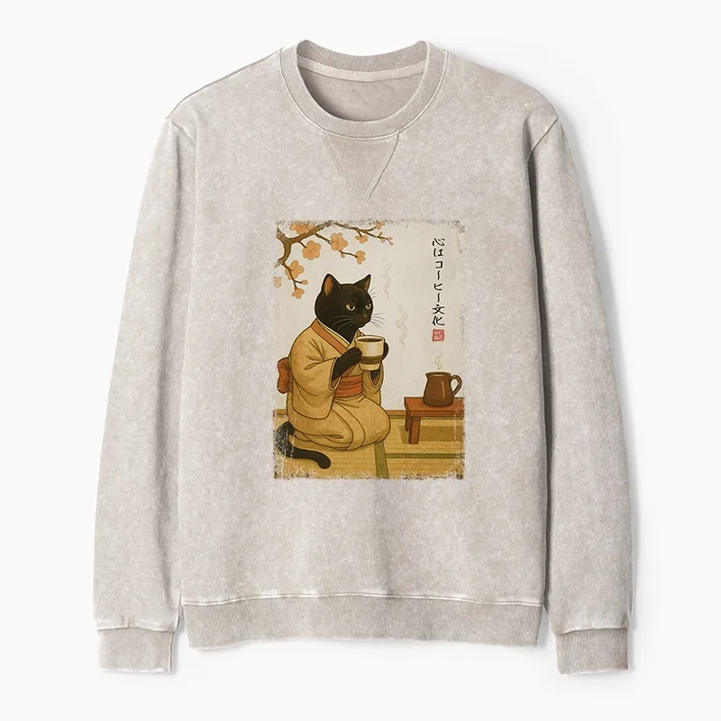 Tokyo-Tiger Cat Heart Full Of Coffee Washed Terry Sweatshirt