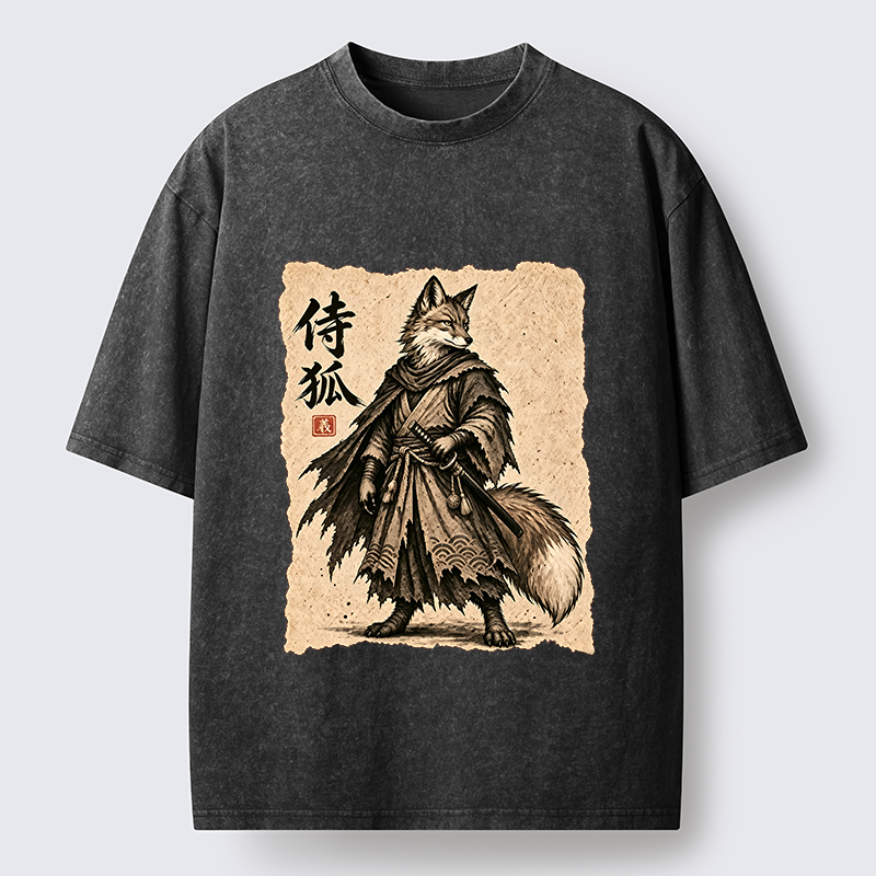 Tokyo-Tiger Vintage Samurai Fox Art Washed T-Shirt