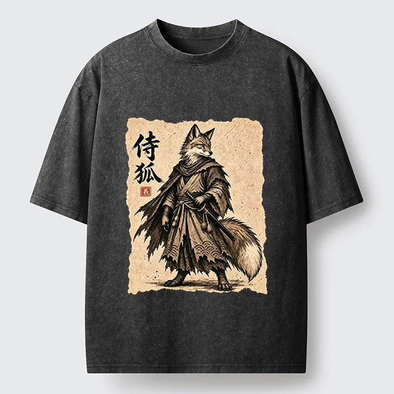 Tokyo-Tiger Vintage Samurai Fox Art Washed T-Shirt