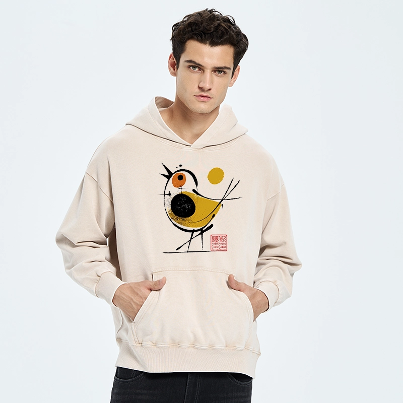 Tokyo-Tiger Aesthetic Yellow And Black Bird Washed Hoodie