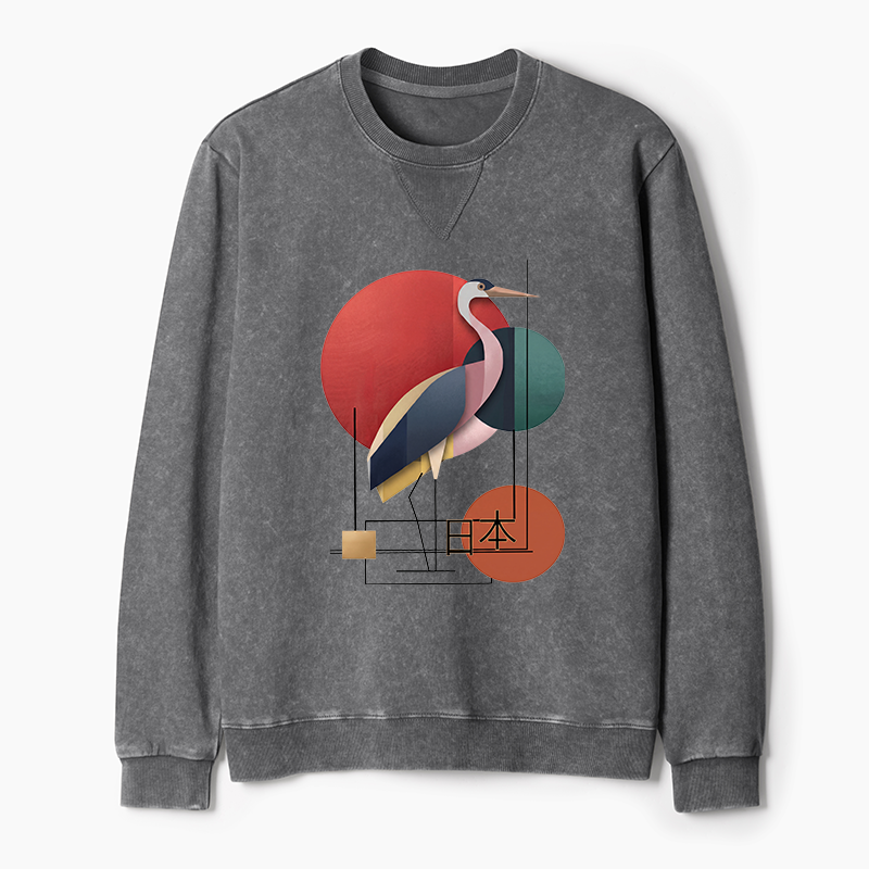 Tokyo-Tiger Geometric Crane Art Washed Terry Sweatshirt