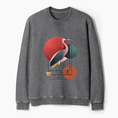 Tokyo-Tiger Geometric Crane Art Washed Terry Sweatshirt