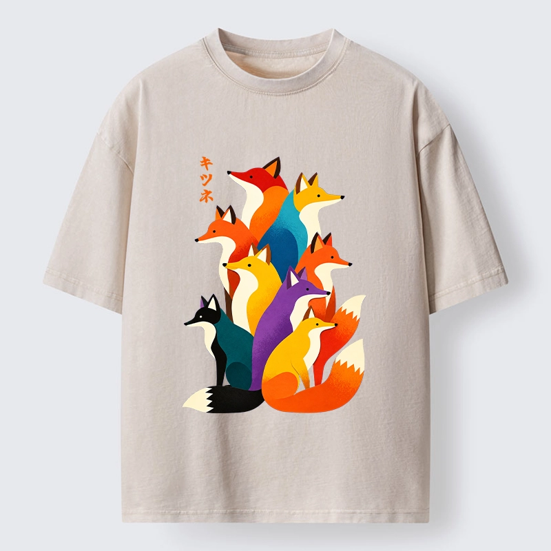 Tokyo‑Tiger Colorful Fox Crew Washed T‑Shirt