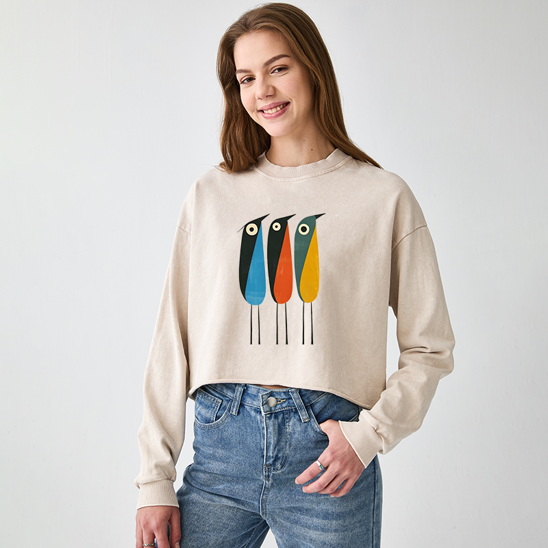 Tokyo-Tiger Bold Shape Birds Washed Crop Sweatshirt