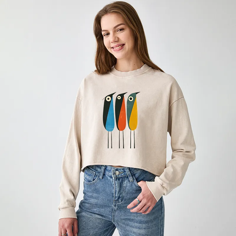 Tokyo-Tiger Bold Shape Birds Washed Crop Sweatshirt