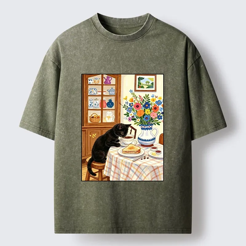 Tokyo‑Tiger Cute Snack Time Cat Washed T‑Shirt