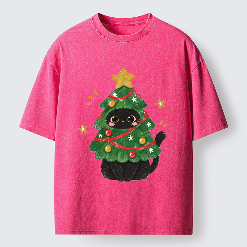 Tokyo-Tiger Christmas Tree Black Cat Washed T-Shirt