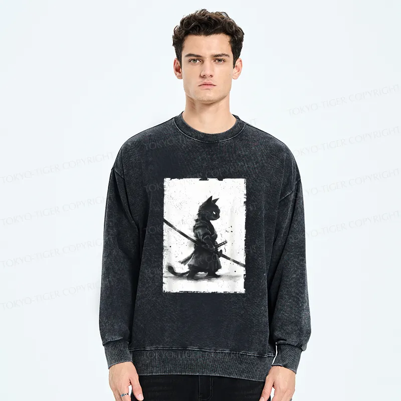 Tokyo-Tiger Retro Cat Samurai Japanese Washed Sweatshirt